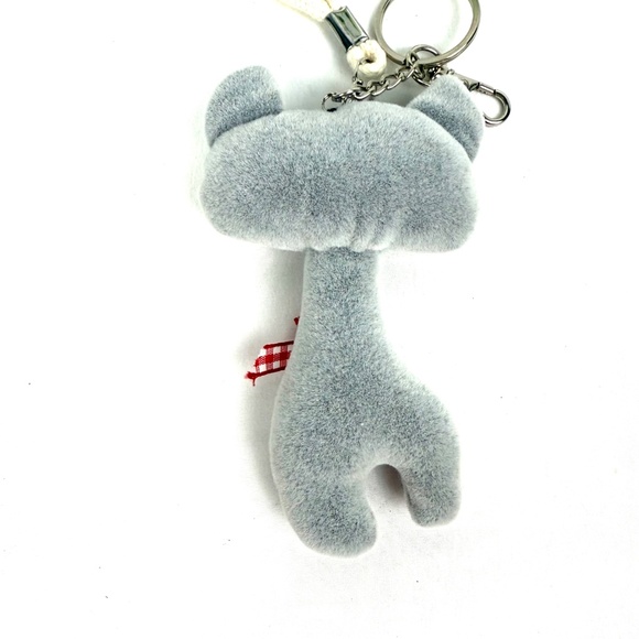 Cute Gray Cat Plush Keychain with Red Gingham Bow - Picture 6 of 9